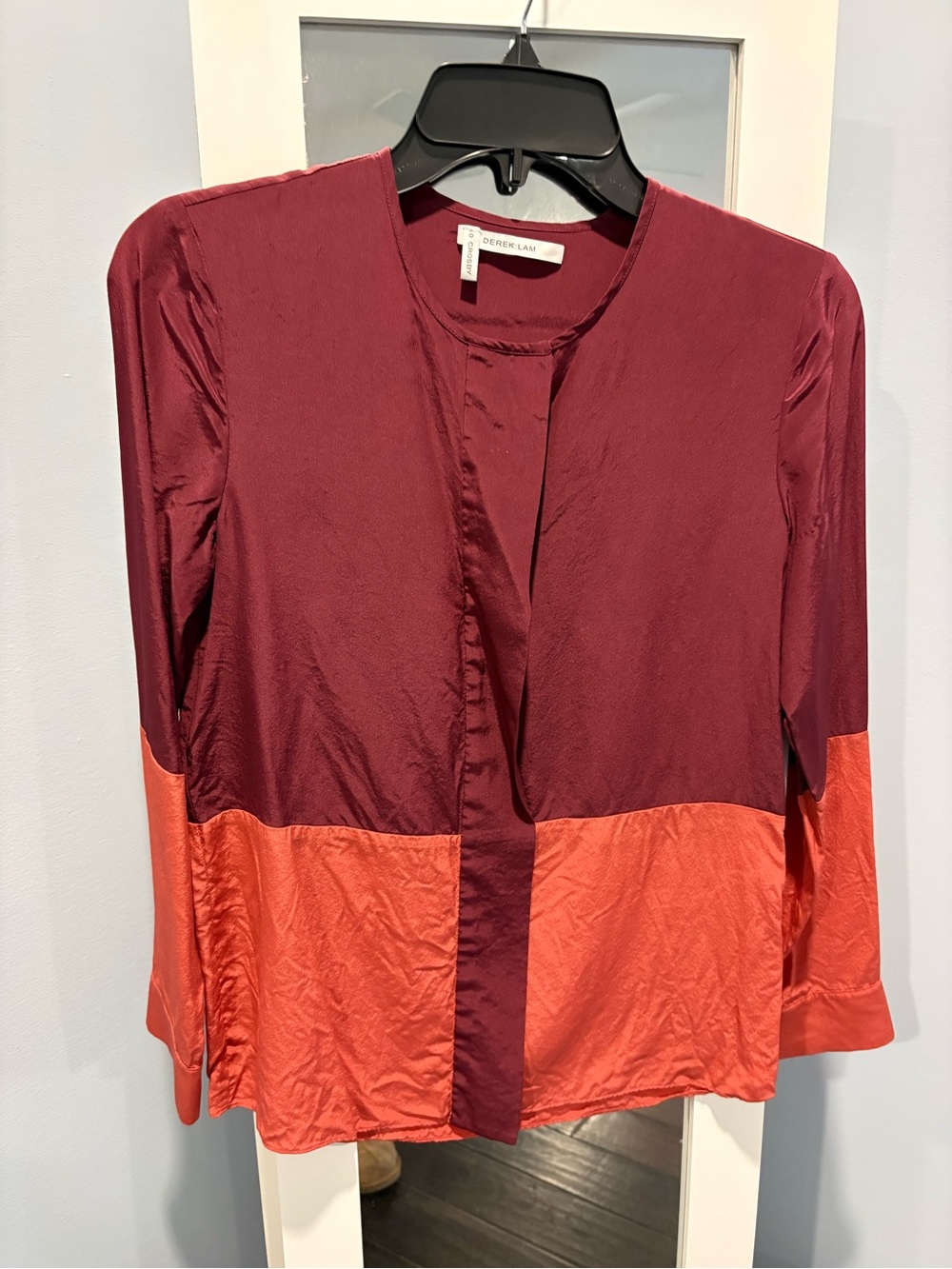 Derek Lam Two-Tone Burgundy and Coral silk Blouse